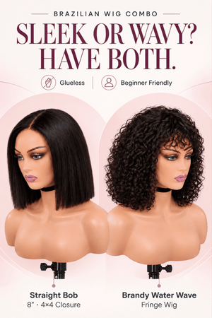 2 for 1 Brazilian Wig Combo | Straight 8″ Bob + Brandy Water Wave Fringe