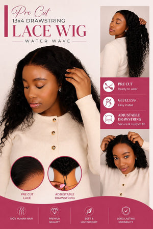 Drawstring Pre-Cut Peruvian 13x4 Lace Wig Water Wave