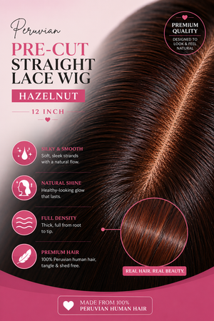 Peruvian 6x4 Pre Cut Straight Lace Wig Hazelnut 12 Inch