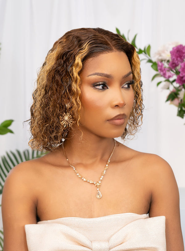 Peruvian Lace Front Wig Water Curl Streaked 430 12 Inch