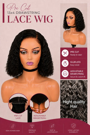 Drawstring Pre-Cut Brazilian 13x4 Lace Wig Water Wave Bob