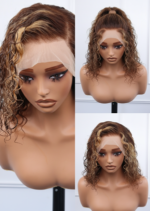 Peruvian Lace Front Wig Water Curl Streaked 430 12 Inch