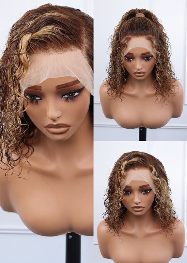 Peruvian Lace Front Wig Water Curl Streaked 430 12 Inch