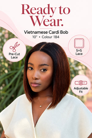 Pre Cut Vietnamese 5x5 Lace Wig Straight Cardi Bob 10 Inch col 1B4