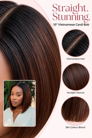 Pre Cut Vietnamese 5x5 Lace Wig Straight Cardi Bob 10 Inch col 1B4